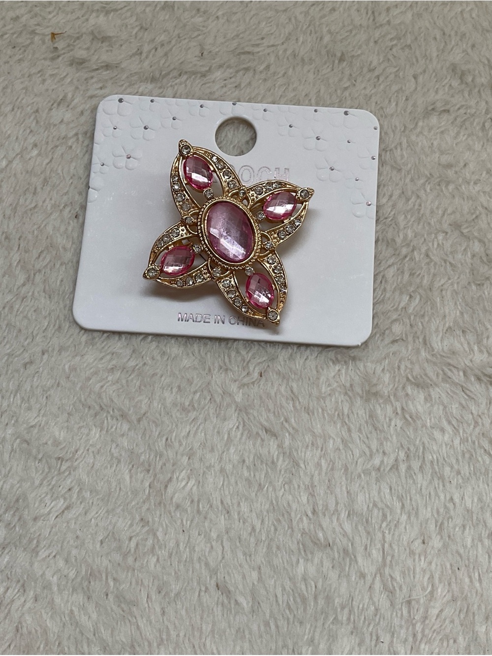 Gold-Tone Pink Crystal Floral Brooch - Unbranded